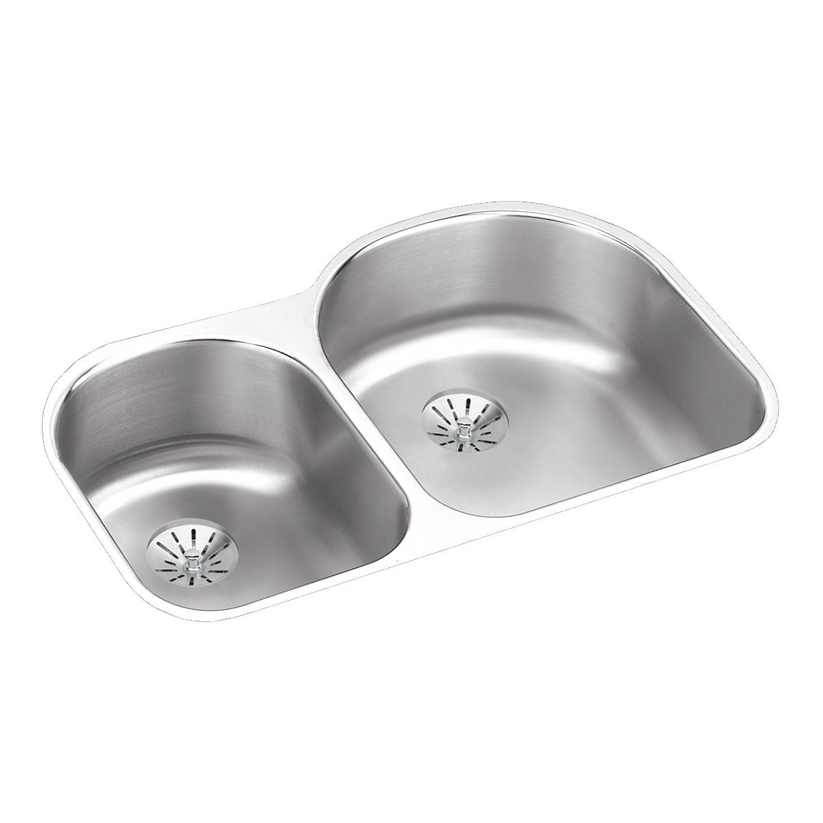 Stainless steel double undermount sink with two unequal basins and drain strainers.