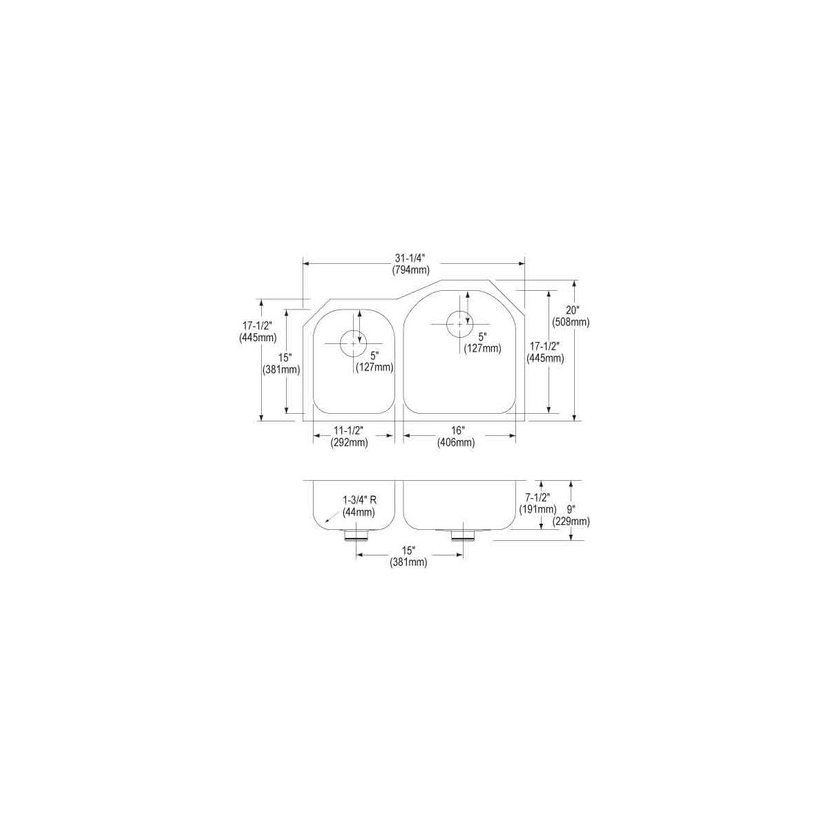 Stainless steel double undermount sink with offset 40/60 bowl configuration and drainage detail specifications.