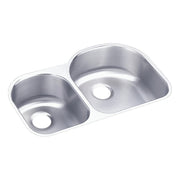Stainless steel double bowl undermount sink with offset bowls and drain holes, viewed from above.