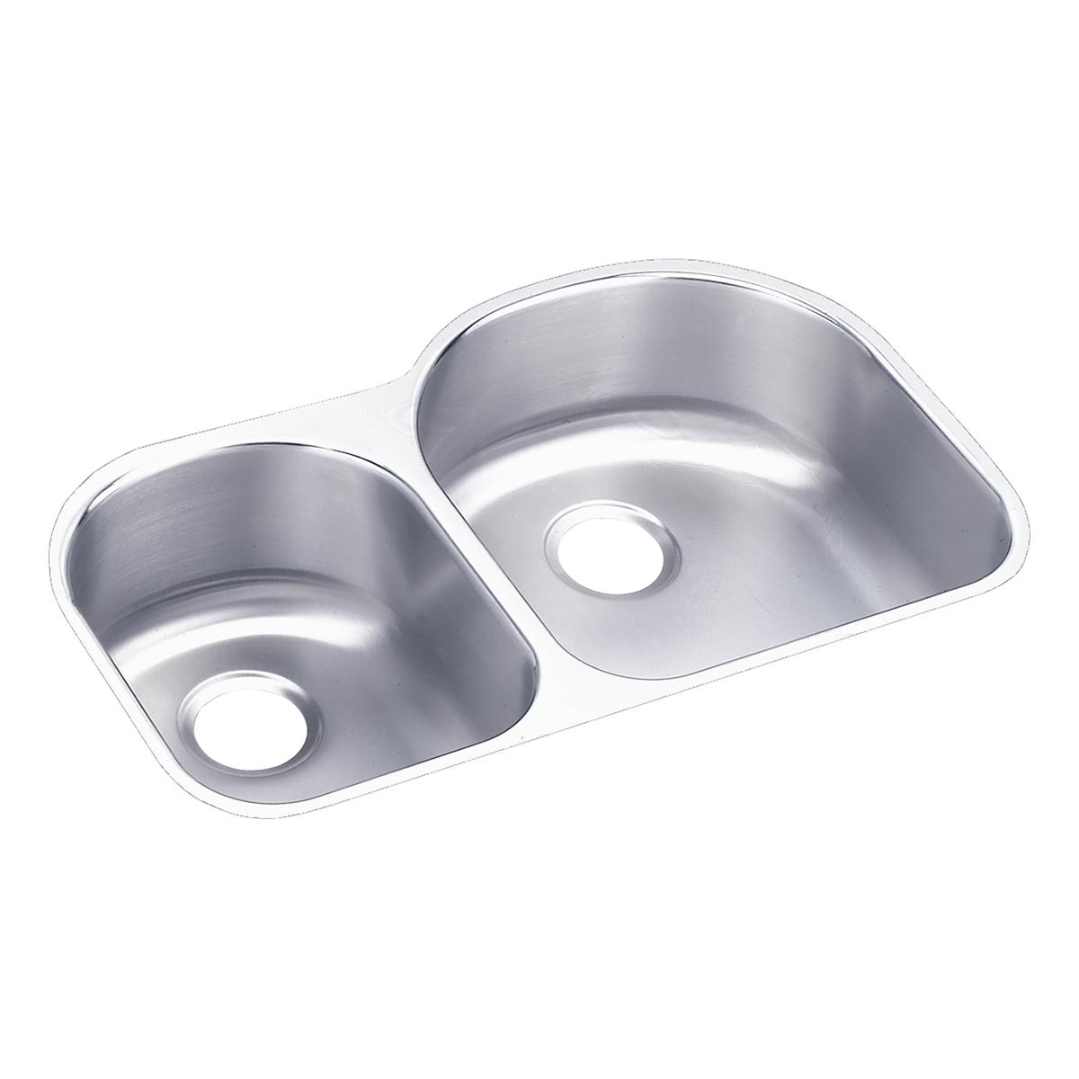 Stainless steel double bowl undermount sink with offset bowls and drain holes, viewed from above.
