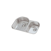 Stainless steel double bowl undermount sink with offset 60/40 configuration and drain strainers.