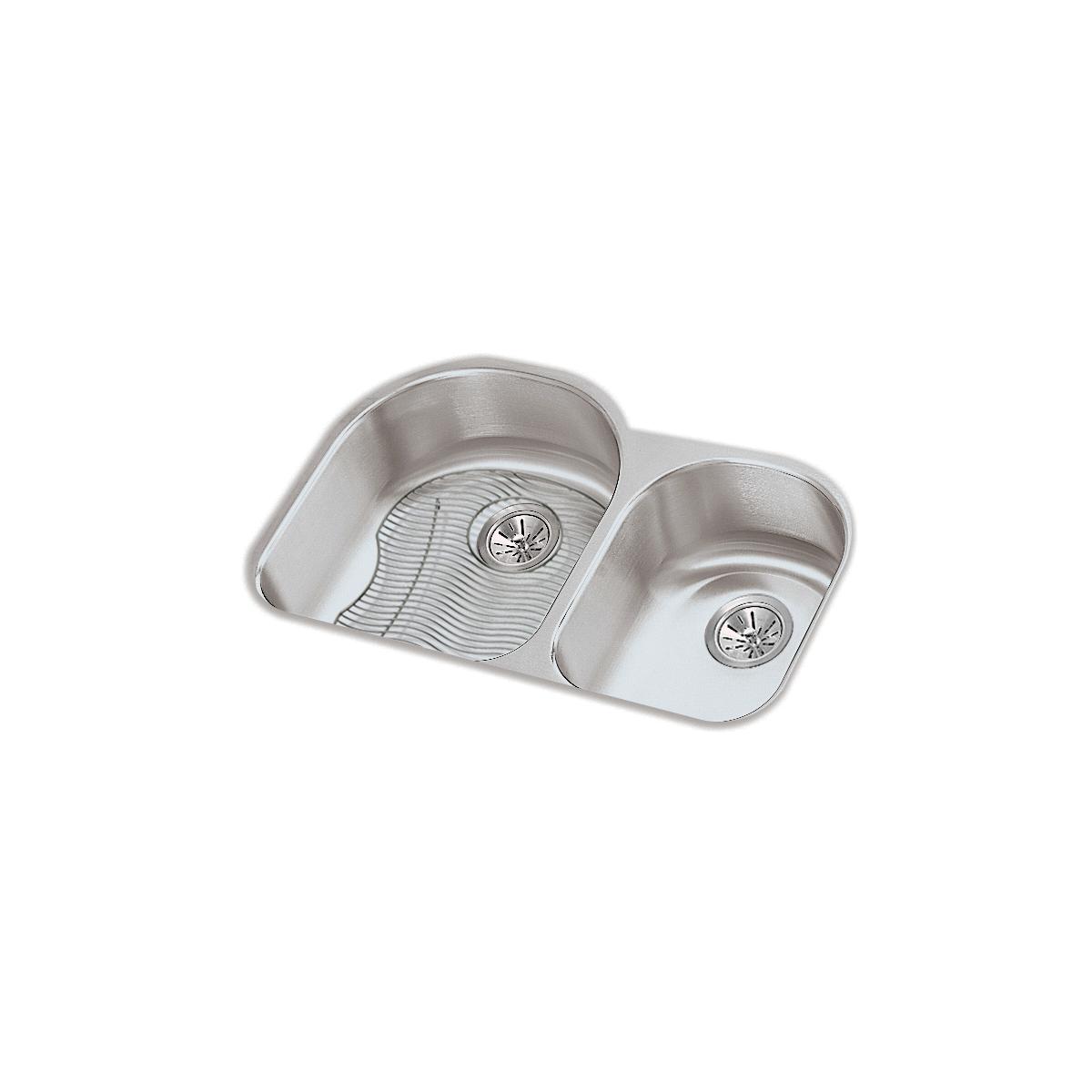 Stainless steel double bowl undermount sink with offset 60/40 configuration and drain strainers.