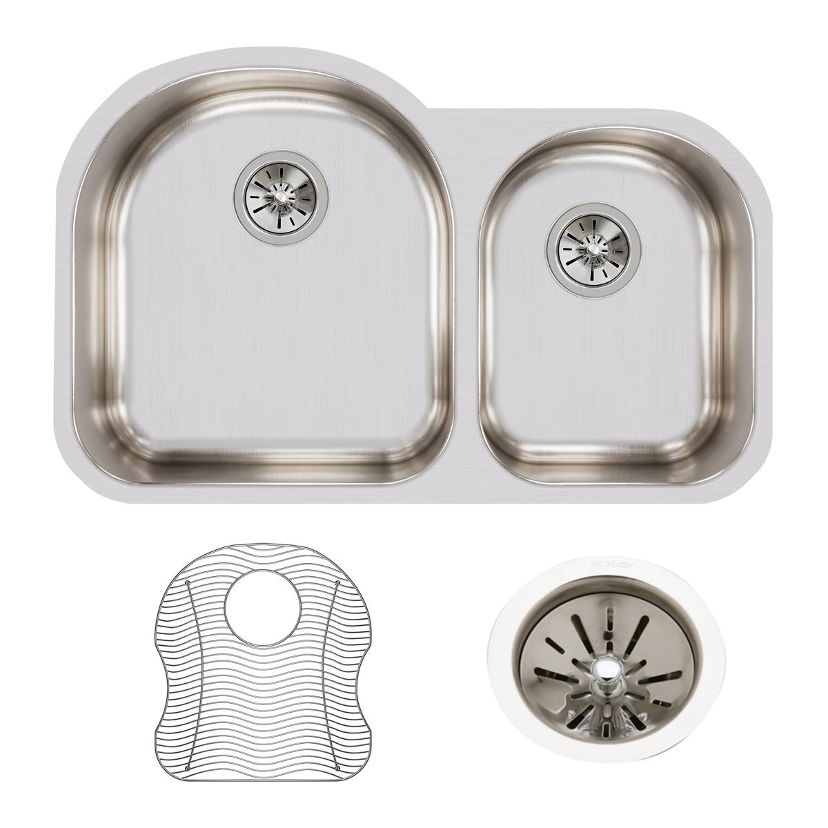 Stainless steel double bowl undermount sink with offset 60/40 configuration, includes drain strainers and protective grid mat
