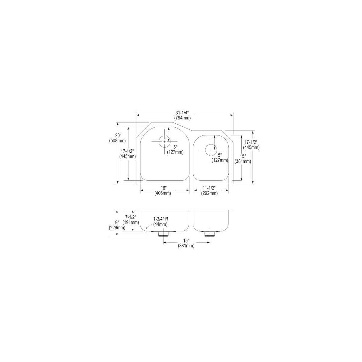 Elkay Lustertone Classic Stainless Steel 31-1/4" x 20" x 7-1/2", Offset 60/40 Double Undermount Sink w/Perfect Drain