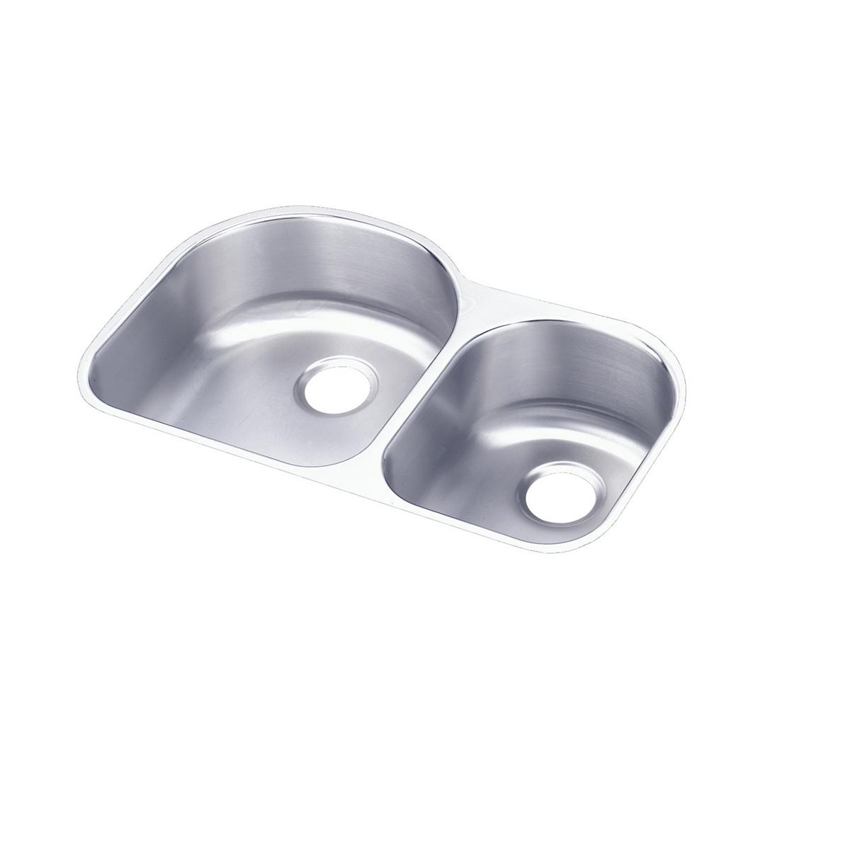 Stainless steel double bowl undermount sink with offset 60/40 configuration and drain holes.