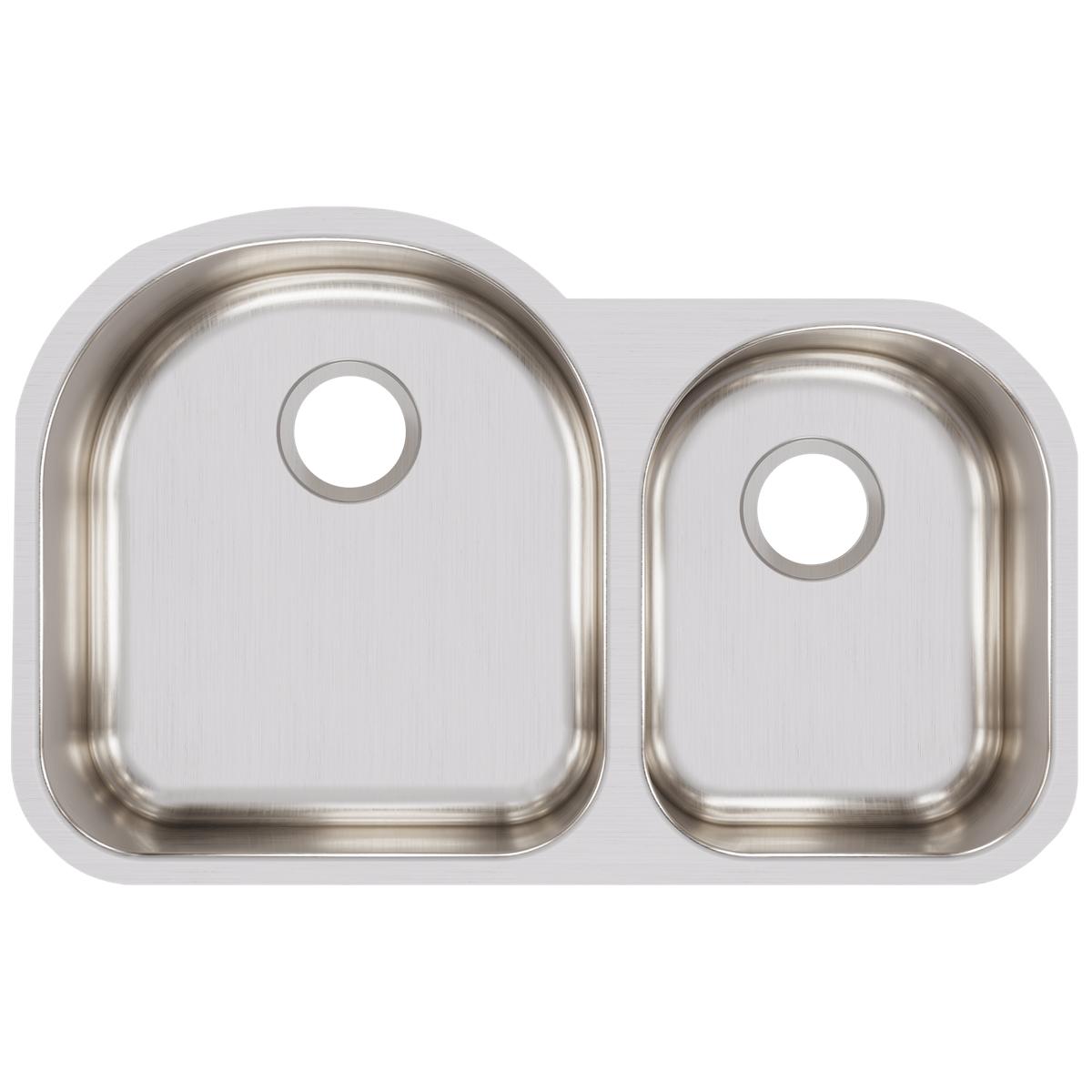Stainless steel double bowl undermount sink with offset 60/40 configuration and drain holes, viewed from above.