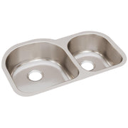 Stainless steel double bowl undermount sink with offset 60/40 configuration and drain holes.