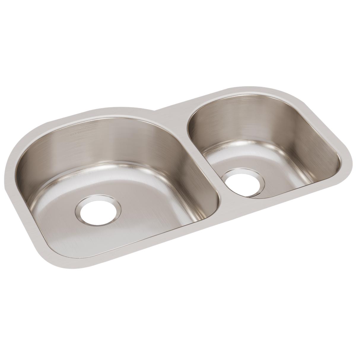 Stainless steel double bowl undermount sink with offset 60/40 configuration and drain holes.