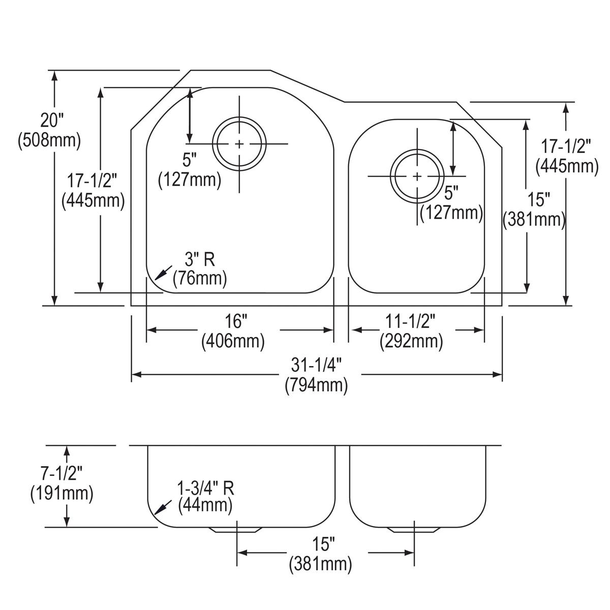 Stainless steel double bowl undermount sink with 60/40 offset configuration, showing top and bottom views with drain hole pla