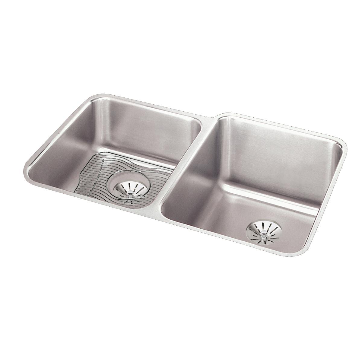 Stainless steel double bowl undermount sink with left drain basket and grid strainer visible in each bowl.