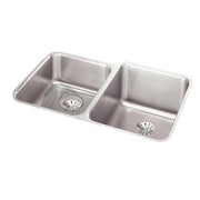 Stainless steel double bowl undermount sink with left drain basket and grid strainer visible in each bowl.