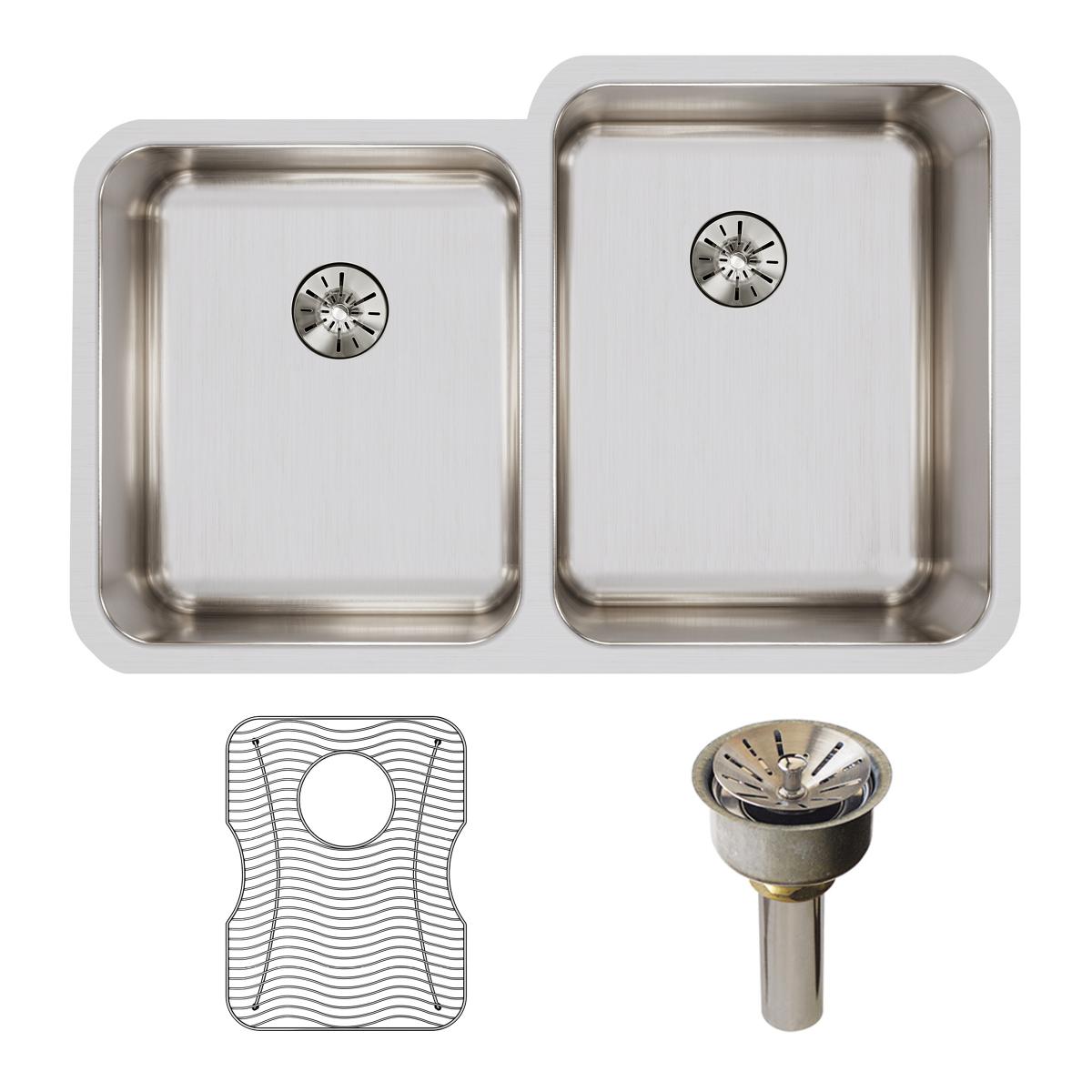 Stainless steel double bowl undermount sink kit with two drain baskets and one drain strainer included.