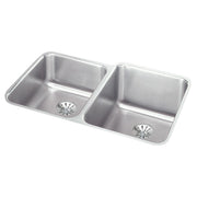 Stainless steel double bowl undermount sink with rounded corners and drain strainers in each basin.