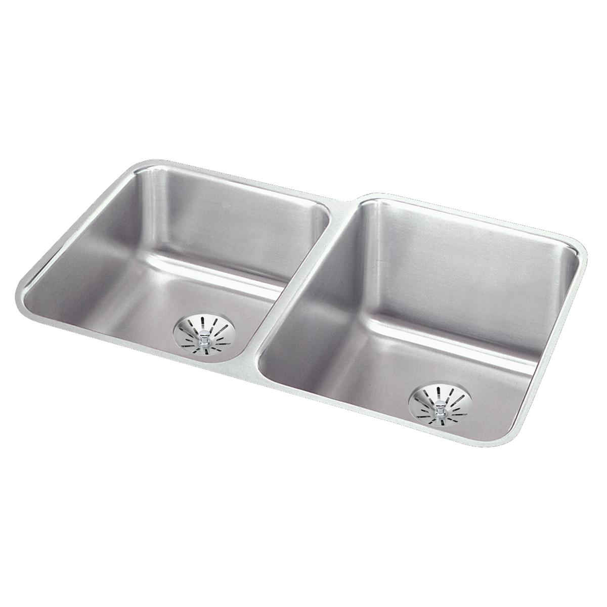 Stainless steel double bowl undermount sink with rounded corners and drain strainers in each basin.