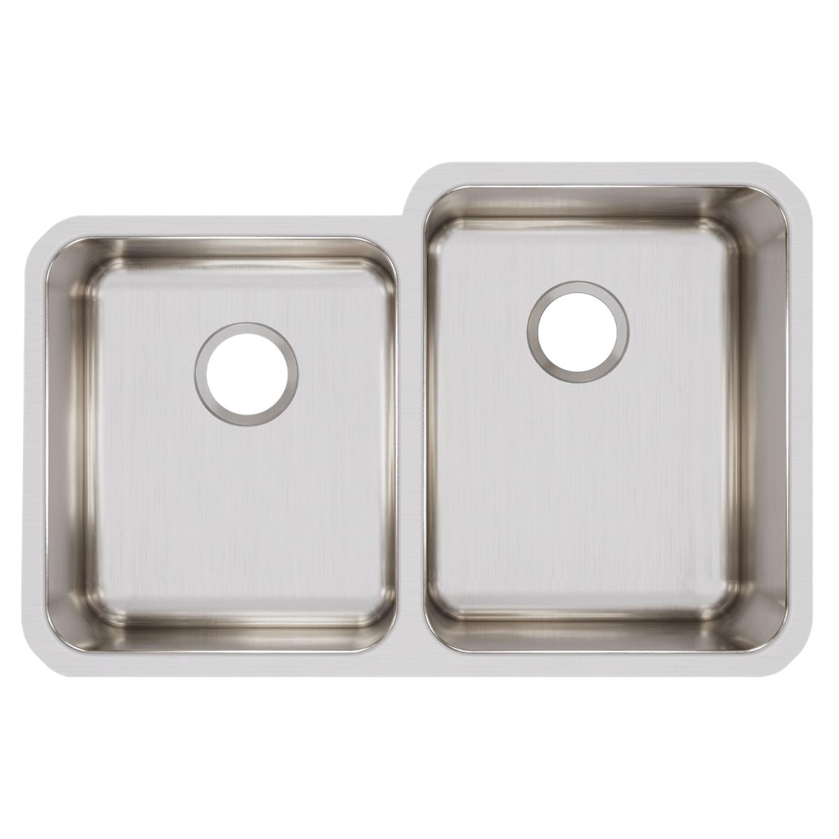 Stainless steel double bowl undermount sink with offset bowls and pre-drilled faucet holes, viewed from above.