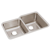 Stainless steel double bowl undermount sink with offset bowls and drain holes.