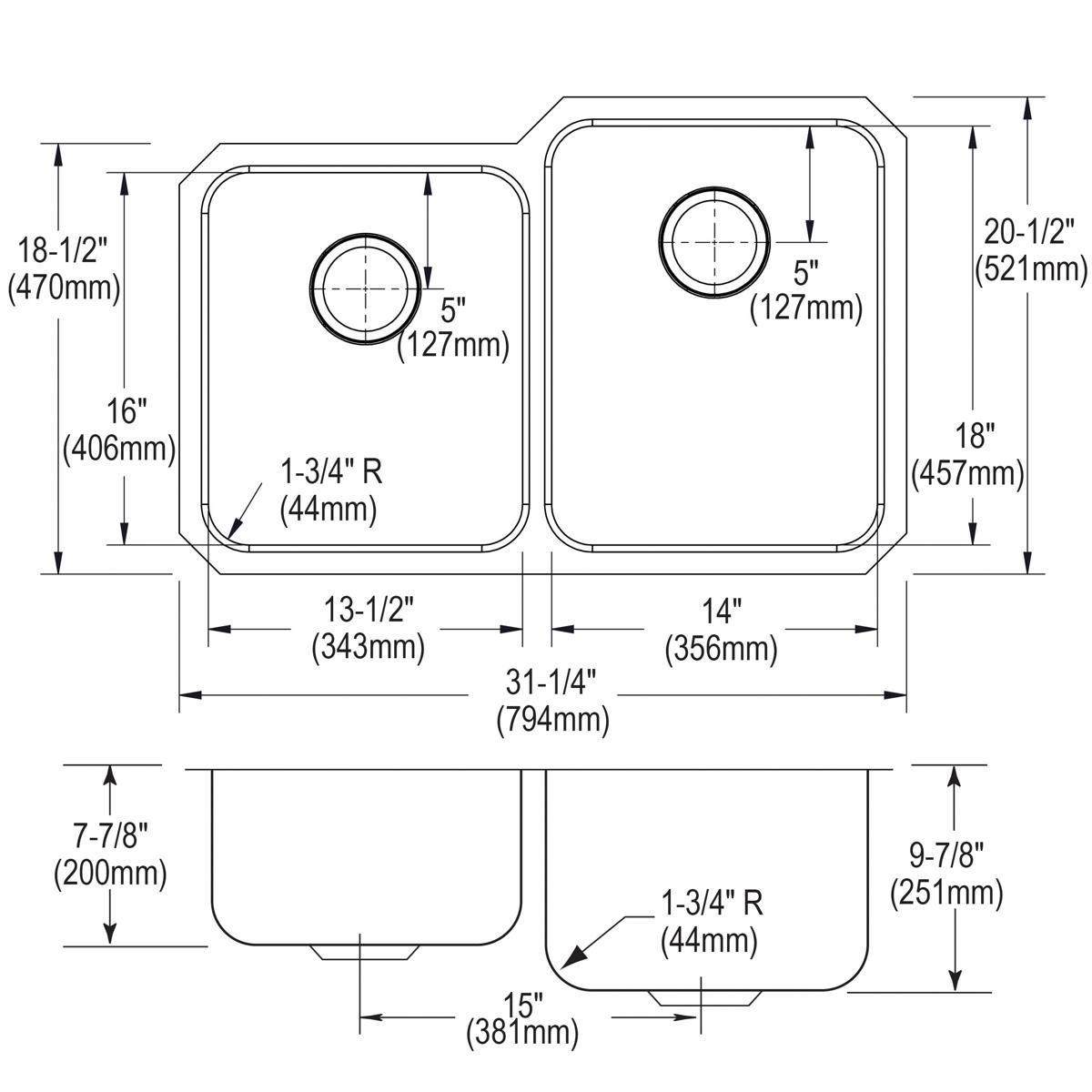 Stainless steel double bowl undermount sink with offset bowls and rounded corners, shown in top and side technical drawings w