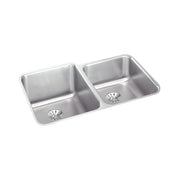 Stainless steel double bowl undermount sink with two drain baskets and rounded corners.