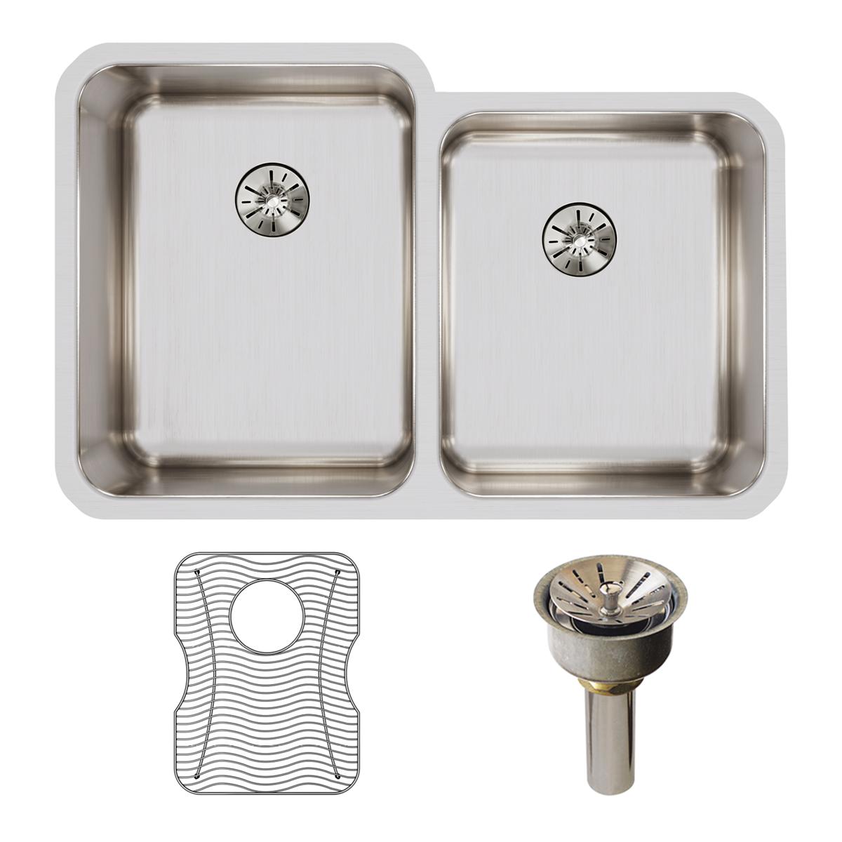 Stainless steel double bowl undermount sink with two drain holes, including metal grate and basket strainer.
