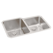 Stainless steel double bowl undermount sink with left drain basket and right drain opening.