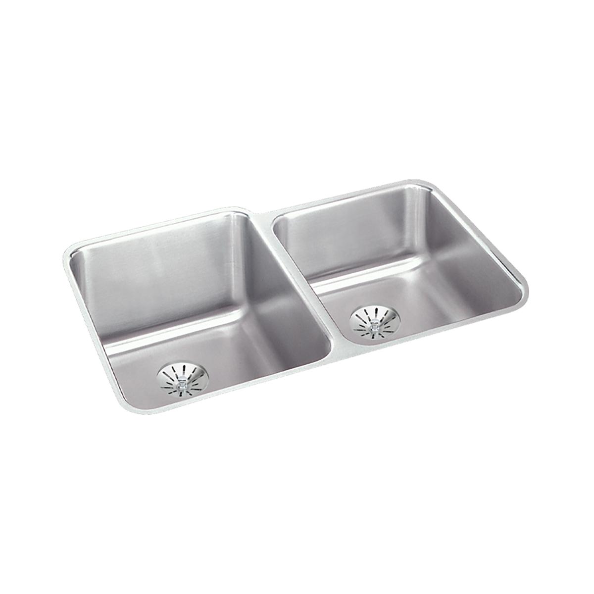 Stainless steel double bowl undermount sink with two drain baskets and rounded corners.