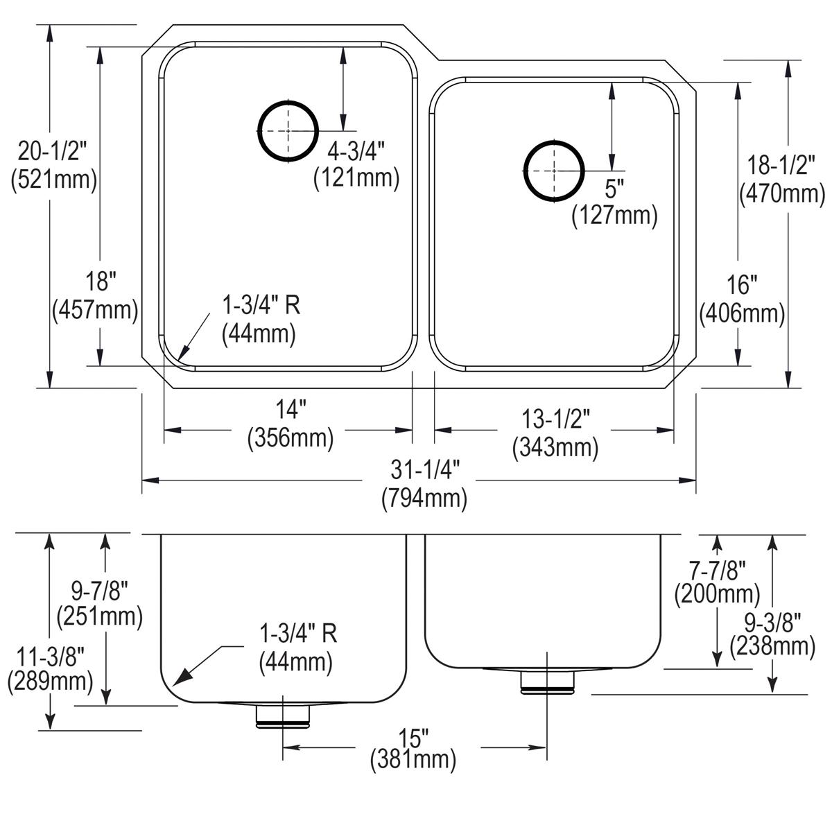 Stainless steel double bowl undermount sink with rounded corners and drain holes, shown in top and side technical drawings wi