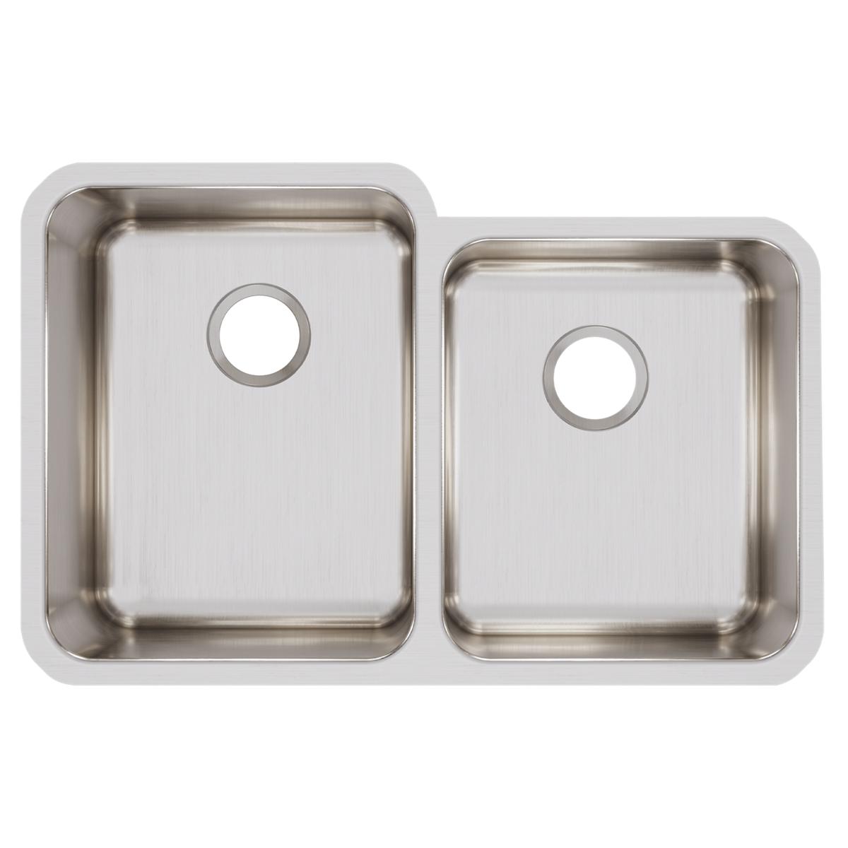 Stainless steel double bowl undermount sink with offset bowls and drain holes, brushed finish.