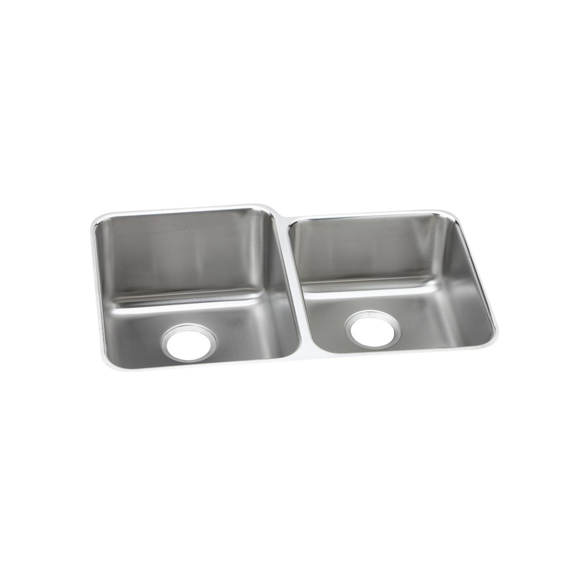 Stainless steel double bowl undermount sink with offset bowls and drain holes.