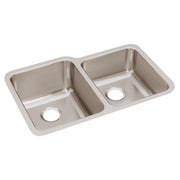 Stainless steel double bowl undermount sink with offset bowls and drain holes.