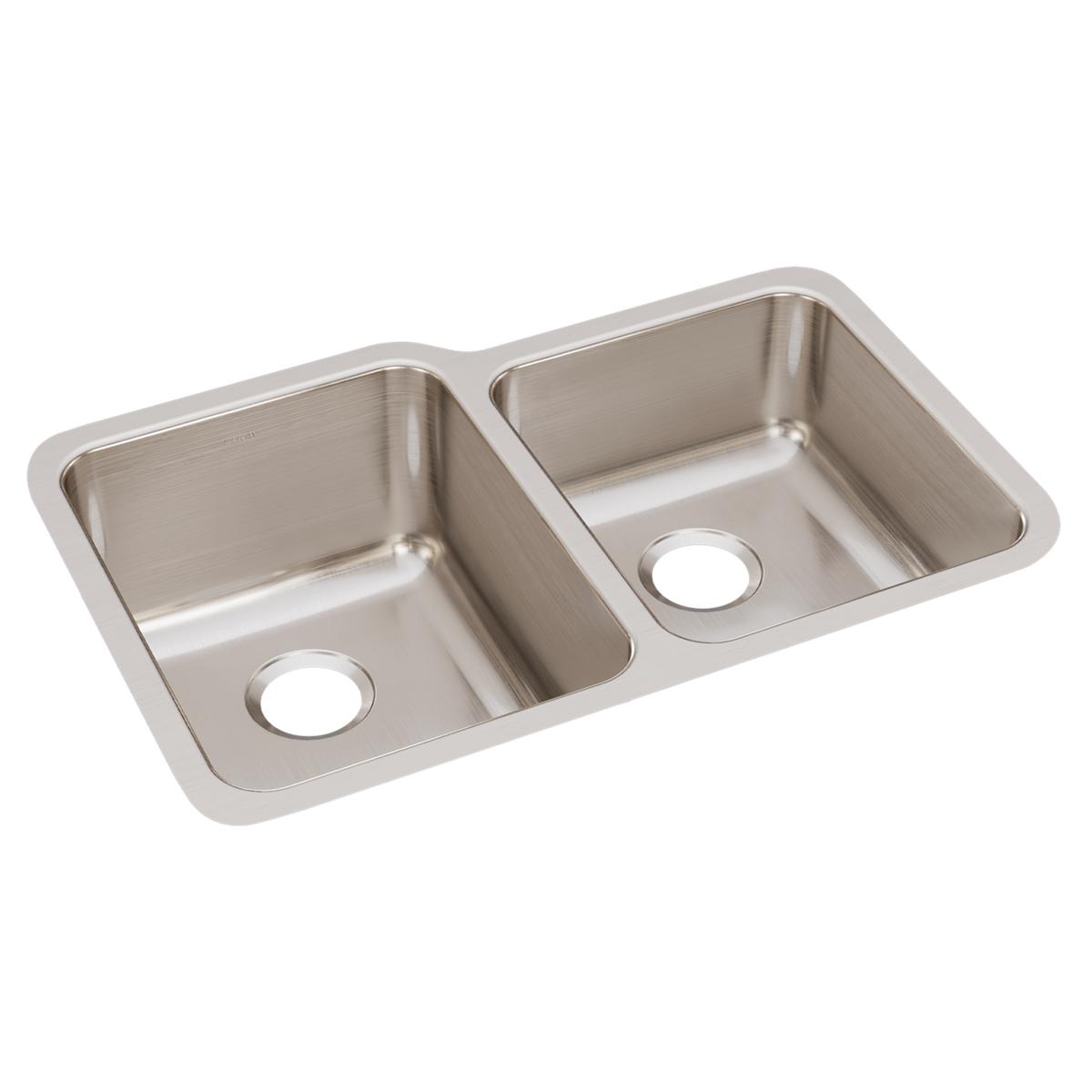 Stainless steel double bowl undermount sink with offset bowls and drain holes.