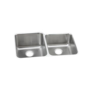 Stainless steel double bowl undermount sink with offset bowls and drain holes.
