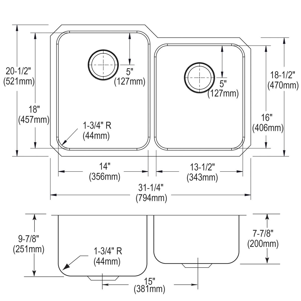 Stainless steel double bowl undermount sink with offset bowls and rounded corners, shown in top and side technical drawings w