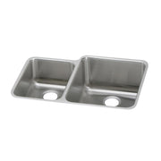 Stainless steel double bowl undermount sink with offset 40/60 configuration and drain holes.