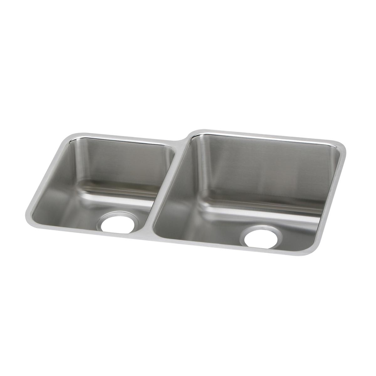 Stainless steel double bowl undermount sink with offset 40/60 configuration and drain holes.