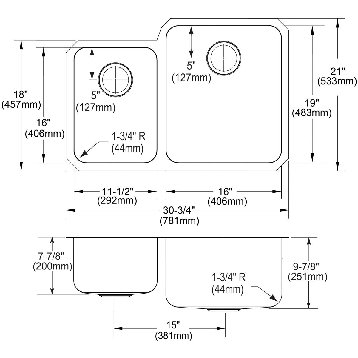 Stainless steel double bowl undermount sink with offset 40/60 configuration and rounded corners, shown in top and side techni