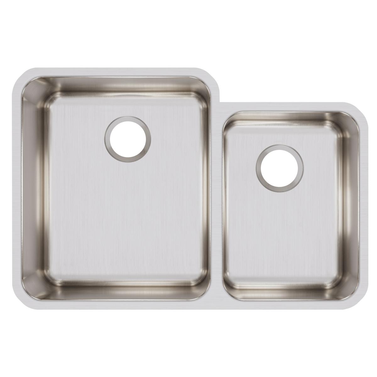 Stainless steel double bowl undermount sink with larger left basin and smaller right basin, each with drain hole.