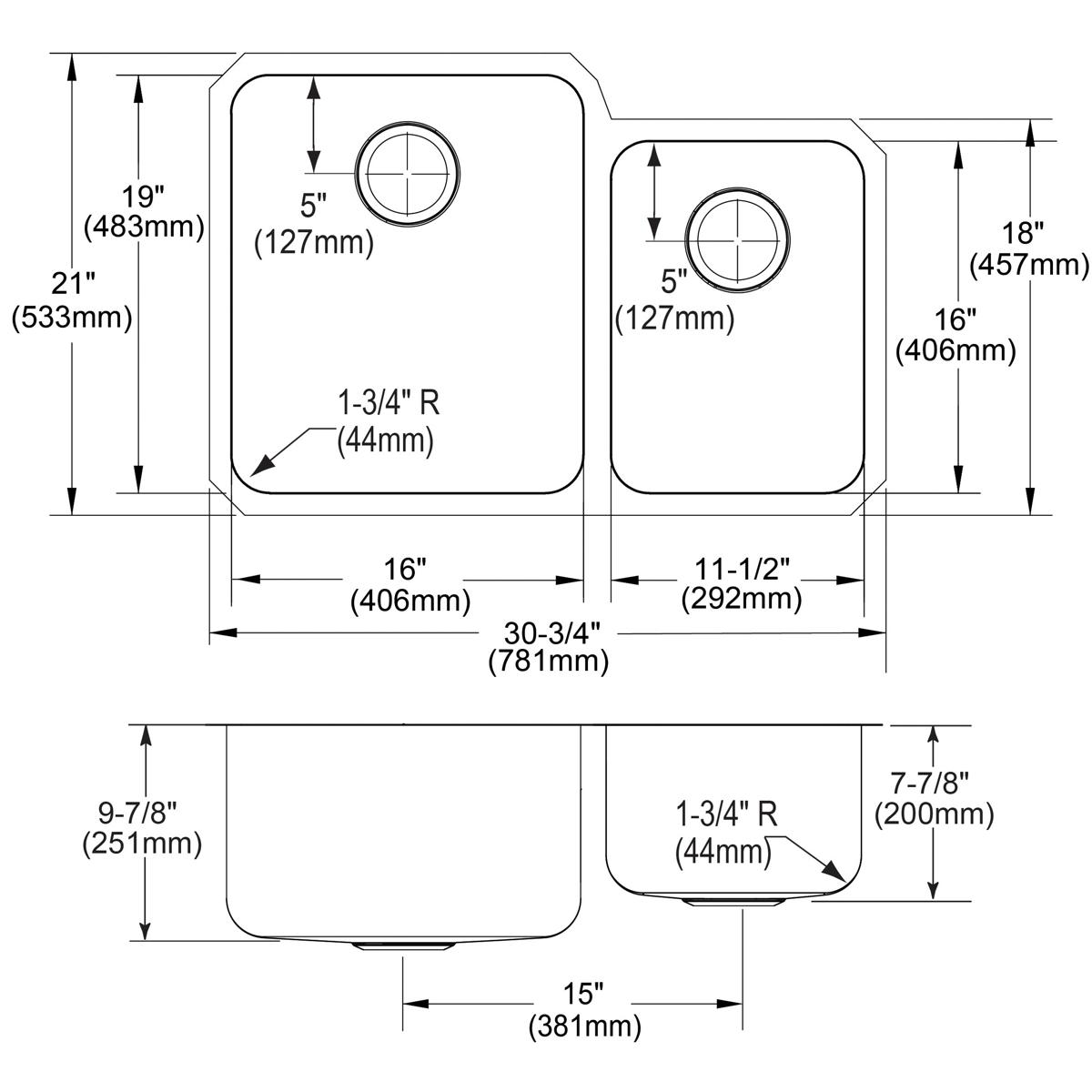 Technical drawing of stainless steel double bowl undermount sink with offset 60/40 configuration and drainage holes marked.