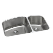 Stainless steel double bowl undermount sink with two drains, larger right bowl and smaller left bowl.