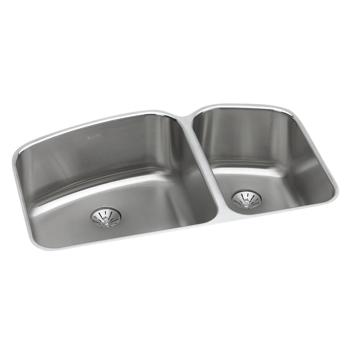 Stainless steel double bowl undermount sink with two drains, larger right bowl and smaller left bowl.