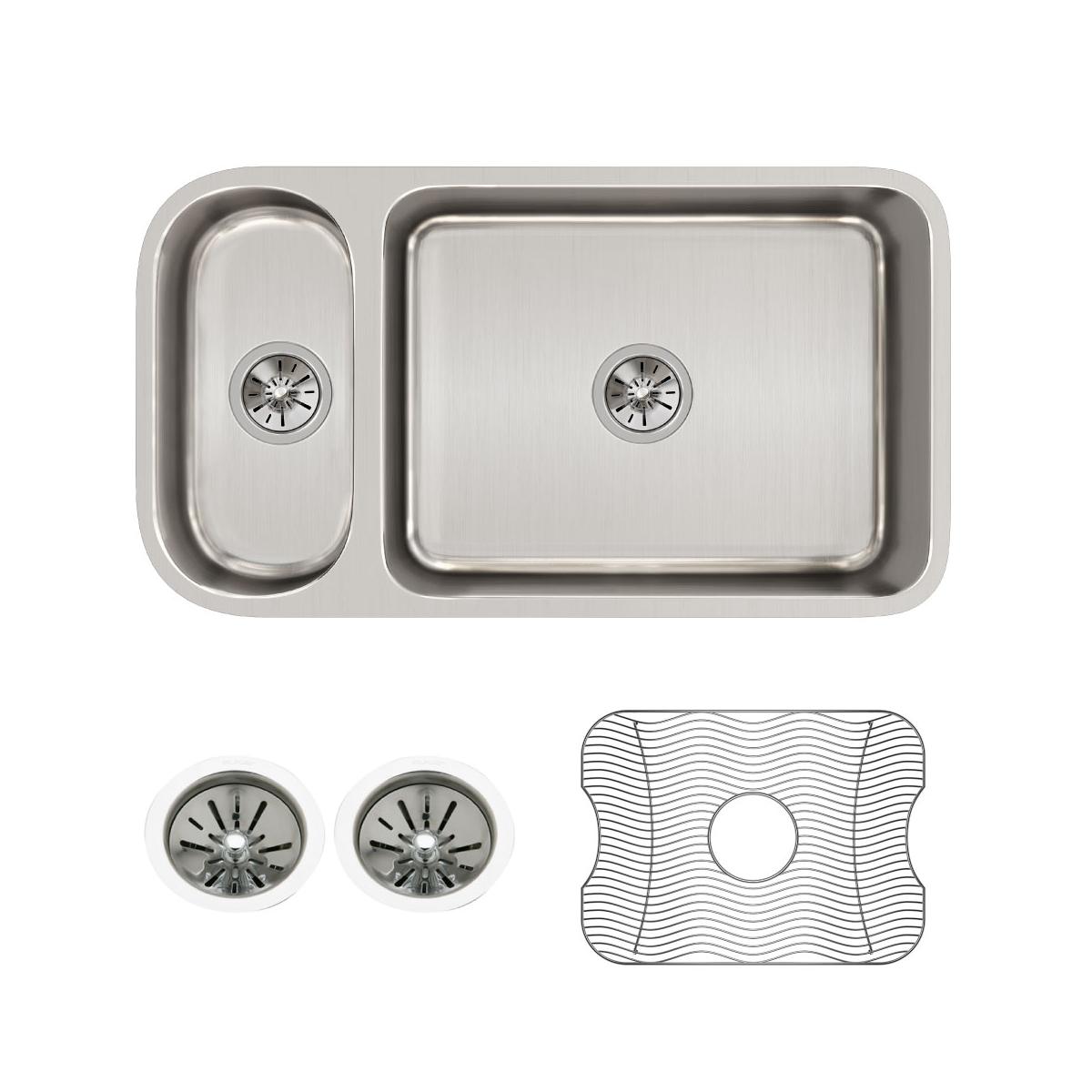 Stainless steel double bowl undermount sink with smaller left bowl, two drain strainers, and protective mat included.