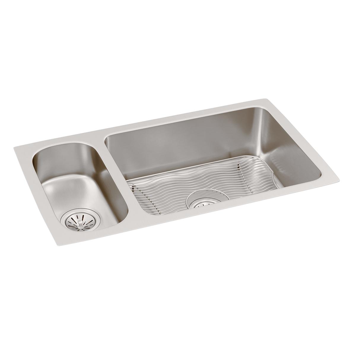 Stainless steel double bowl undermount sink with smaller left bowl and larger right bowl featuring a rinse basket.