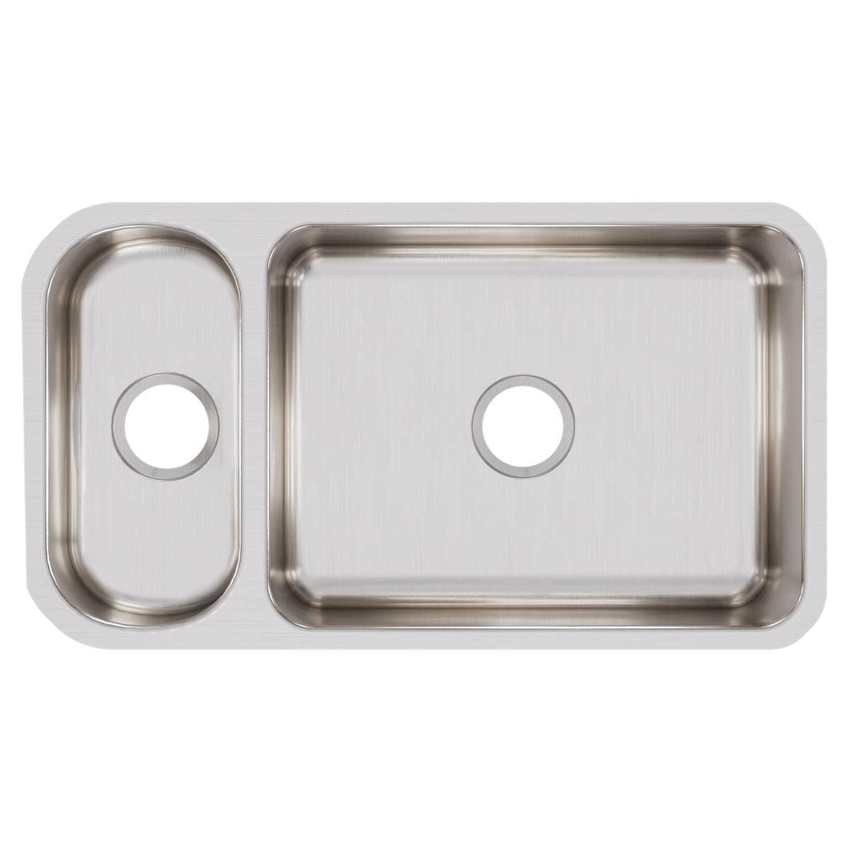 Stainless steel double bowl undermount sink with smaller left bowl and larger right bowl, brushed finish.