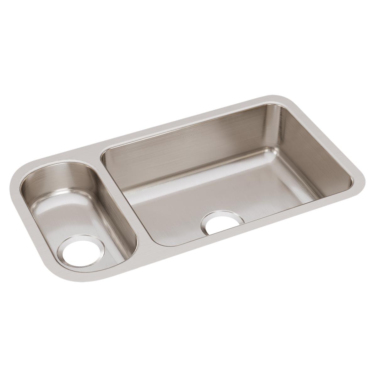 Stainless steel double bowl undermount sink with smaller left bowl and larger right bowl, each with drain opening.