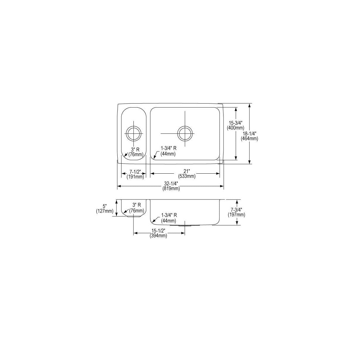 Stainless steel double bowl undermount sink with 30/70 bowl configuration and rounded corners, shown in top and side technica