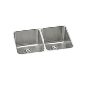 Stainless steel double bowl undermount sink with drain openings and rounded corners.