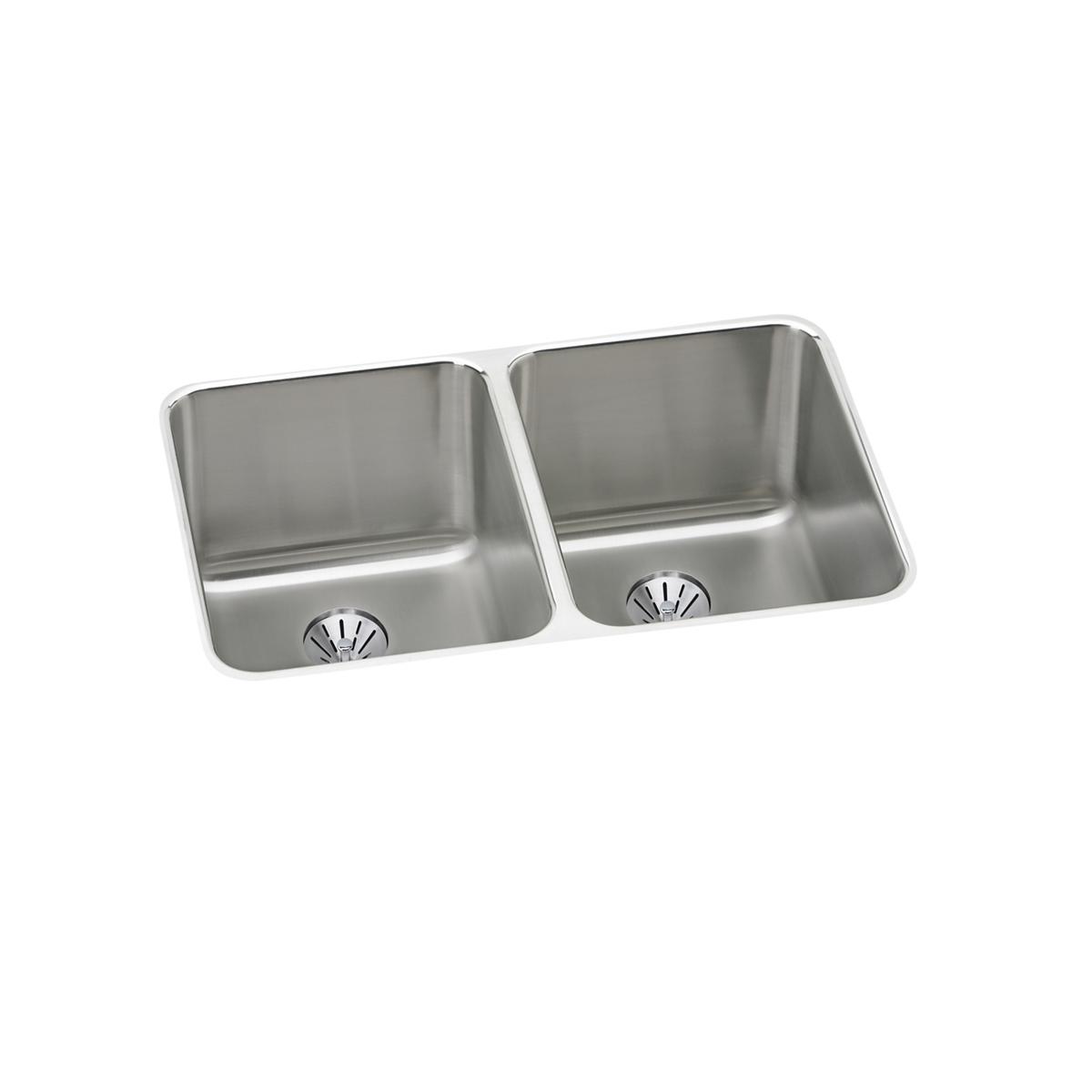 Stainless steel double bowl undermount sink with two equal basins and drain openings visible.