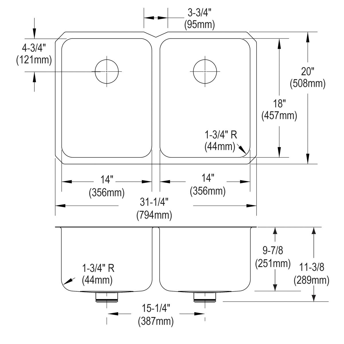 Technical drawing of stainless steel double bowl undermount sink with drain holes and rounded corners, shown in top and side 