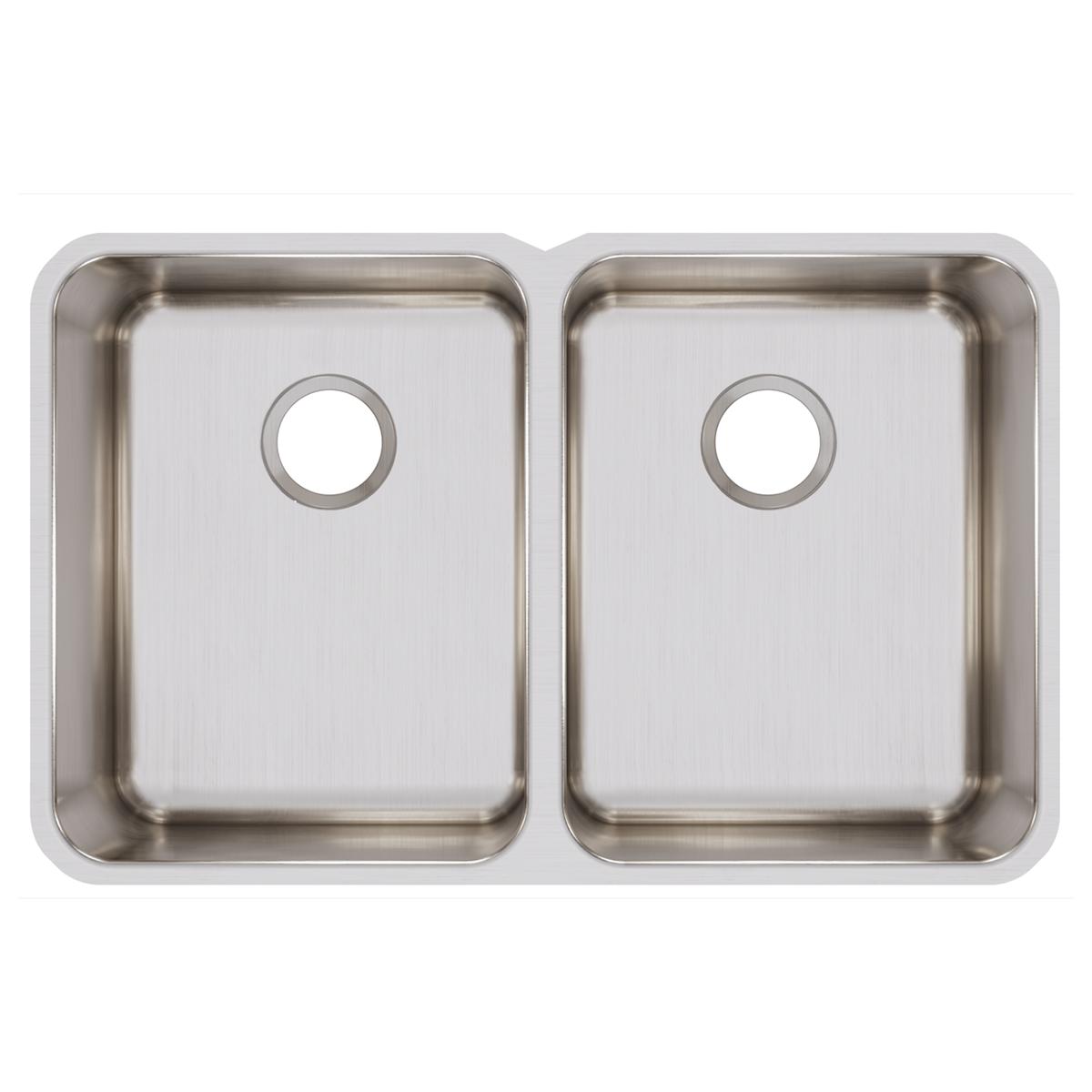 Stainless steel double bowl undermount sink with two equal-sized basins and drain holes.