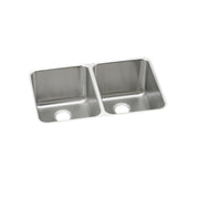 Stainless steel double bowl undermount sink with two equal-sized rectangular basins and drain holes.