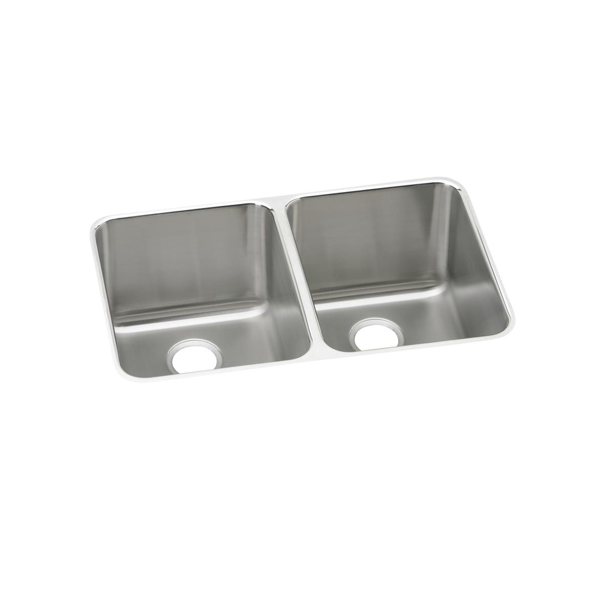 Stainless steel double bowl undermount sink with two equal-sized rectangular basins and drain holes.